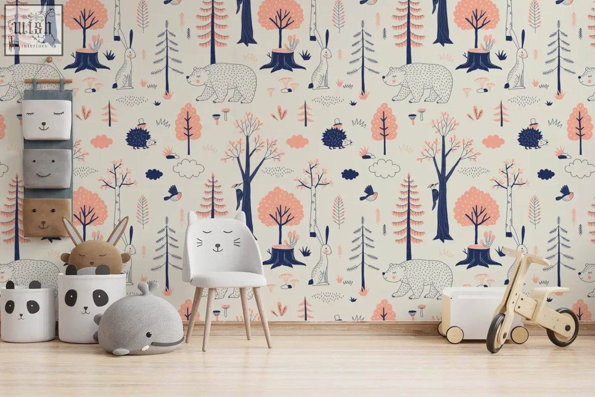 White chair with wooden legs in a woodland animals kids room wallpaper featuring rabbit design traditional paper mural