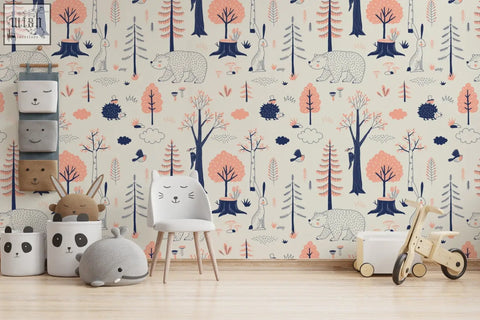 White chair with wooden legs in a woodland animals kids room wallpaper featuring rabbit design traditional paper mural