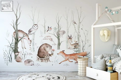 Whimsical woodland forest wall decals with hand-drawn animals in soft earthy tones for kids nursery decor
