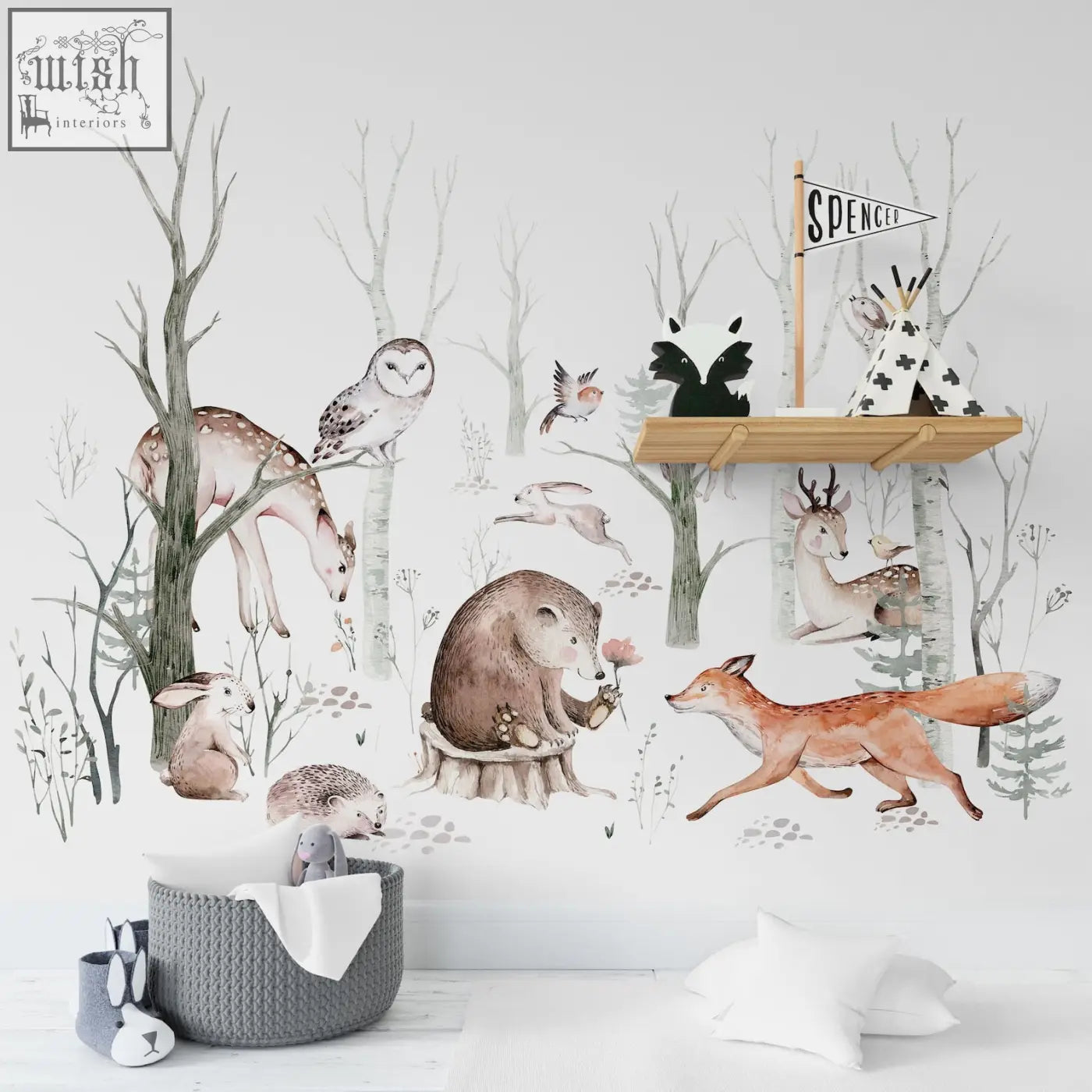 Woodland forest wall decals for kids featuring watercolor forest wall animals like deer foxes and owls in soft earth tones