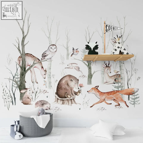 Woodland forest wall decals for kids featuring watercolor forest wall animals like deer foxes and owls in soft earth tones