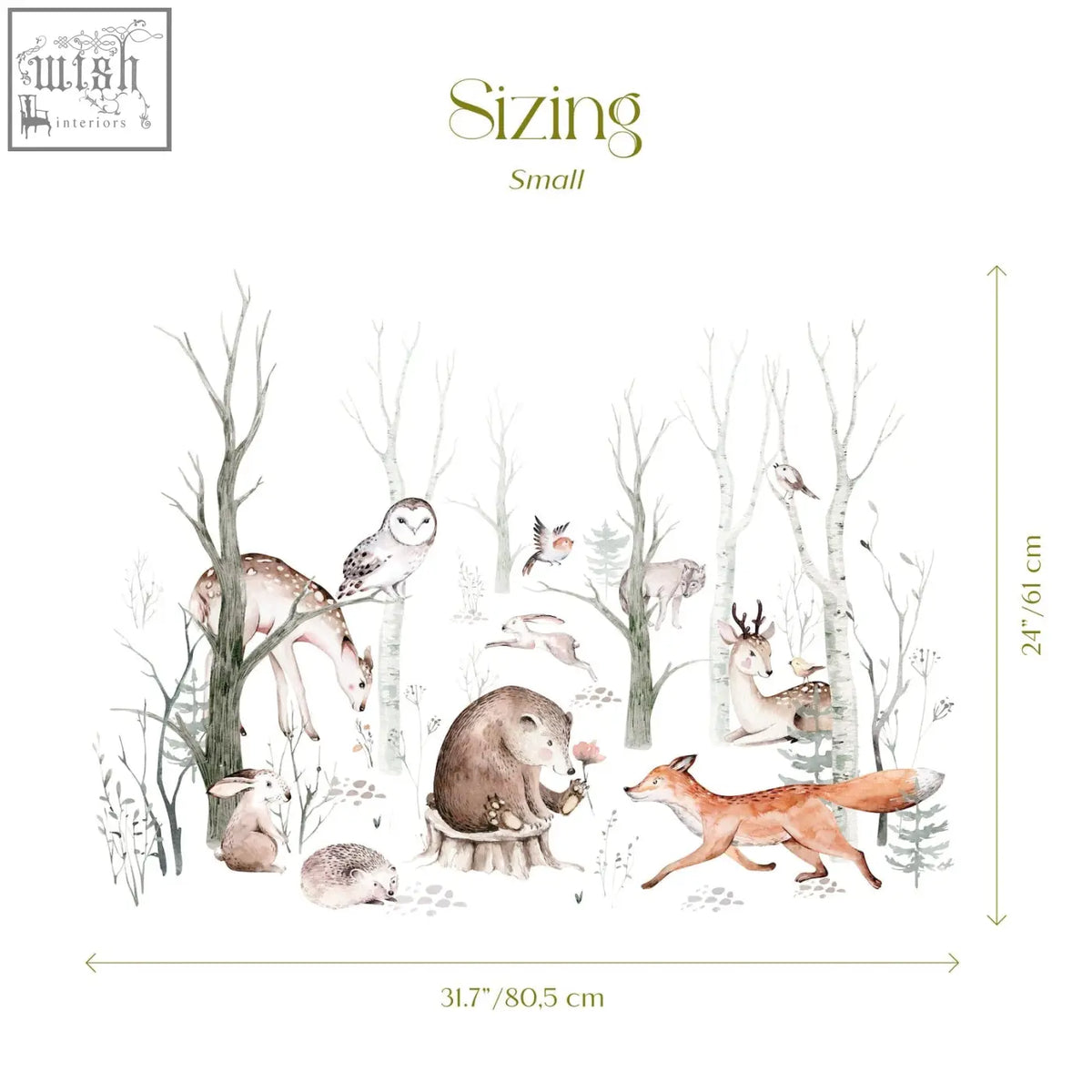 Watercolor forest wall decals featuring deer foxes owls and woodland animals in soft earth tones for kids nursery
