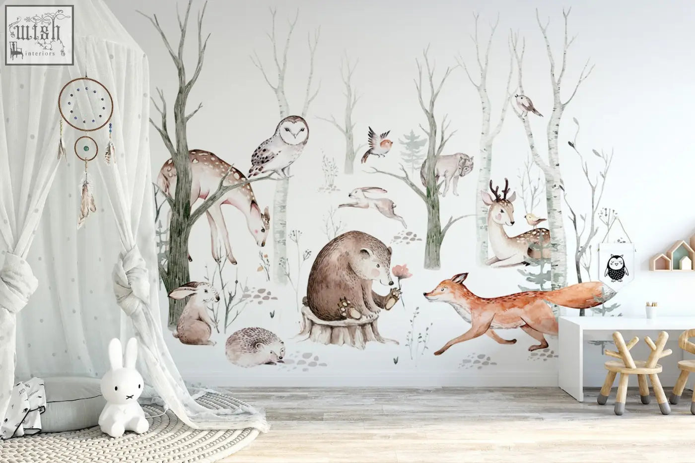 Whimsical woodland forest wall decals with deer foxes owls and hedgehogs in soft earthy tones for kids nursery walls