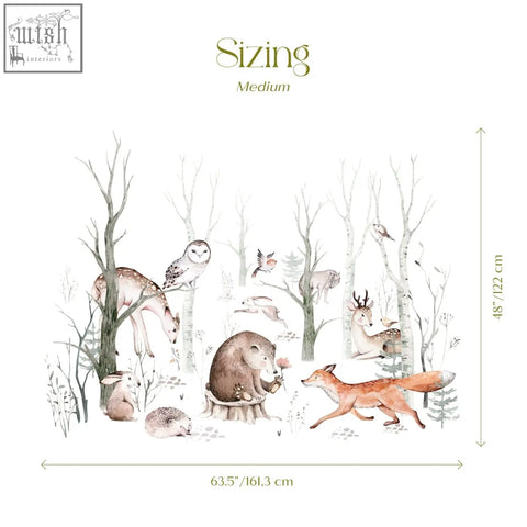 A charming watercolor forest wall decal with deer foxes owls and rabbits in soft earthy tones for kids rooms