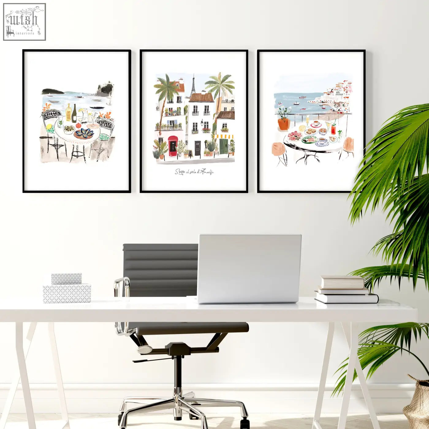 Three framed watercolor coastal scenes wall art hanging above a white desk for work office wall decoration