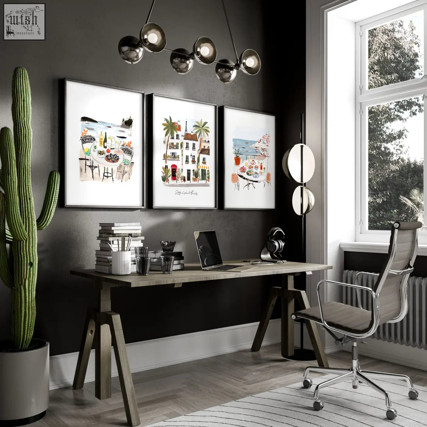 Modern black-framed wall art featuring mediterranean coastal café scenes perfect for work office wall art display