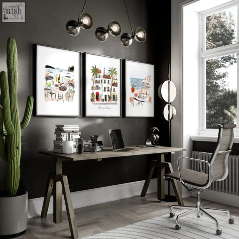 Modern black-framed wall art featuring mediterranean coastal café scenes perfect for work office wall art display