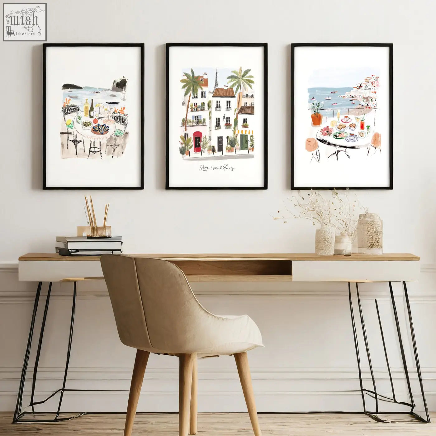 Beige upholstered chair with wooden legs next to work office wall art mediterranean coastal café scenes set of 3