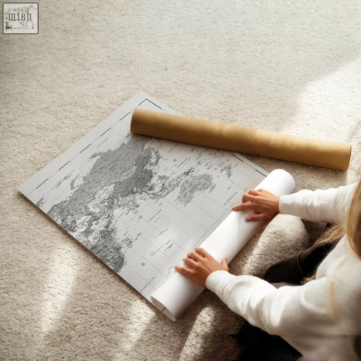 A set of 2 world map prints featuring large detailed grayscale cartography on sturdy paper perfect for wall decor