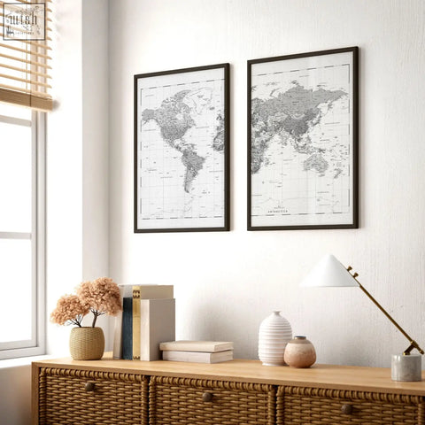 Two framed world map prints with detailed grey cartography and black frames hang side by side on a white wall
