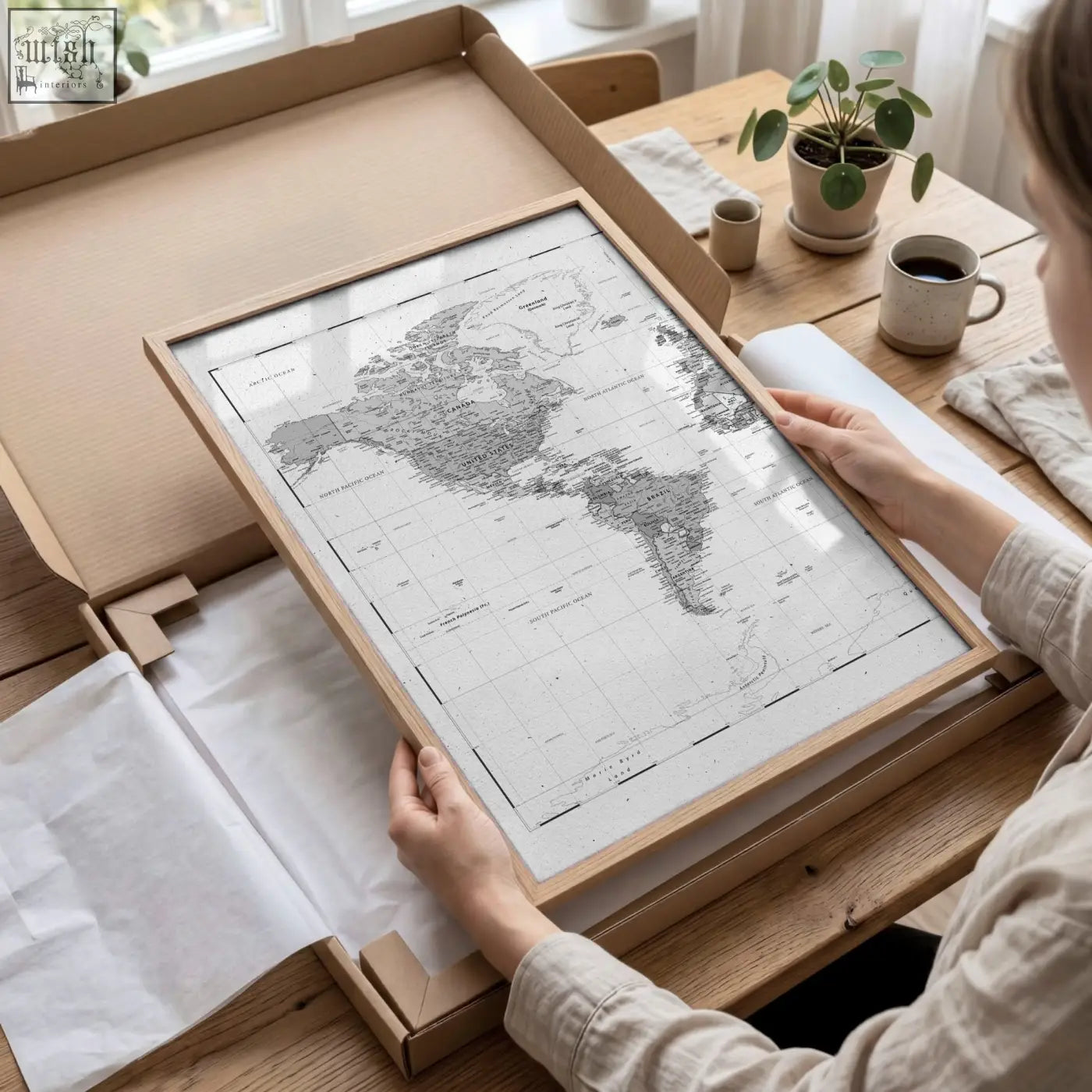 Minimalist wooden-framed world map prints with detailed grayscale design in modern style set of 2 diptych map prints