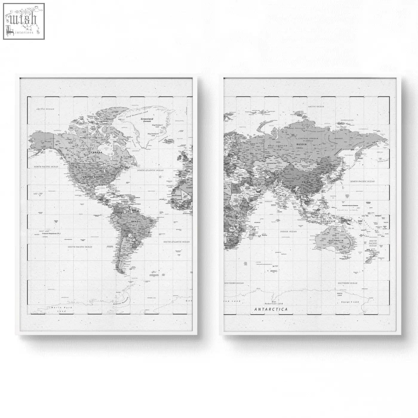 Two minimalist gray world map prints in white frames with detailed cartography and labeled continents on a grid background