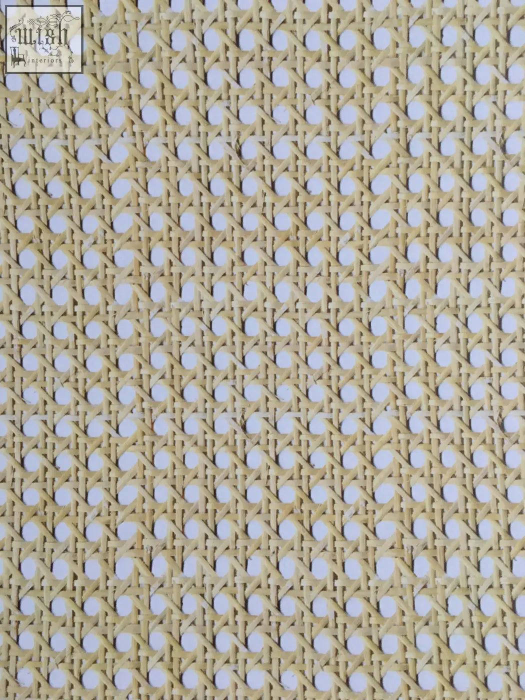 Beige woven cane wallpaper with a repeating diamond lattice pattern for a stylish woven cane effect wall cover