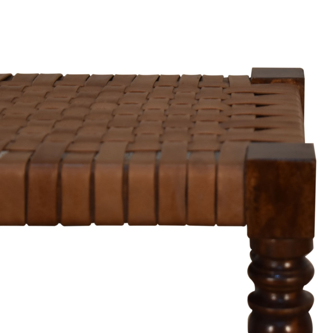 Brown woven leather footstool with turned legs made from chestnut solid mango wood for stylish seating