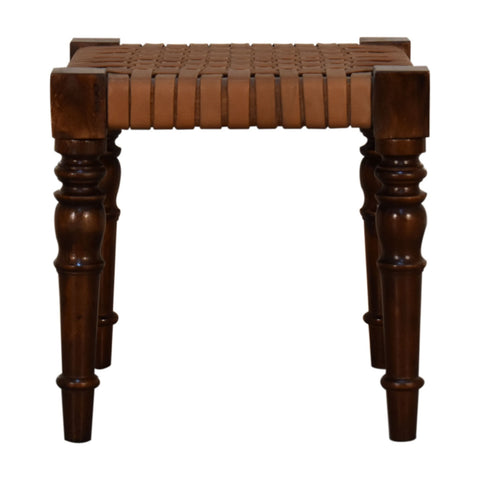 Brown leather woven footstool with chestnut finish solid mango wood legs for stylish living room seating
