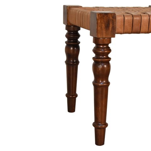Brown leather-topped woven leather footstool with turned legs in chestnut finish solid mango wood