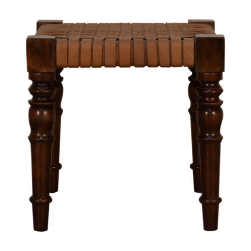 Brown leather-wrapped woven leather footstool with turned legs made from solid mango wood in chestnut finish