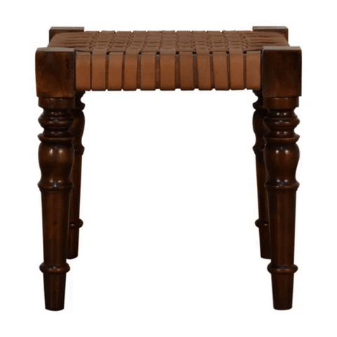 Brown leather-wrapped woven leather footstool with turned legs made from solid mango wood in chestnut finish