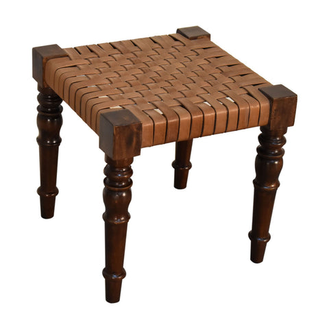 Brown leather-wrapped woven footstool with dark legs and chestnut finish made of solid mango wood