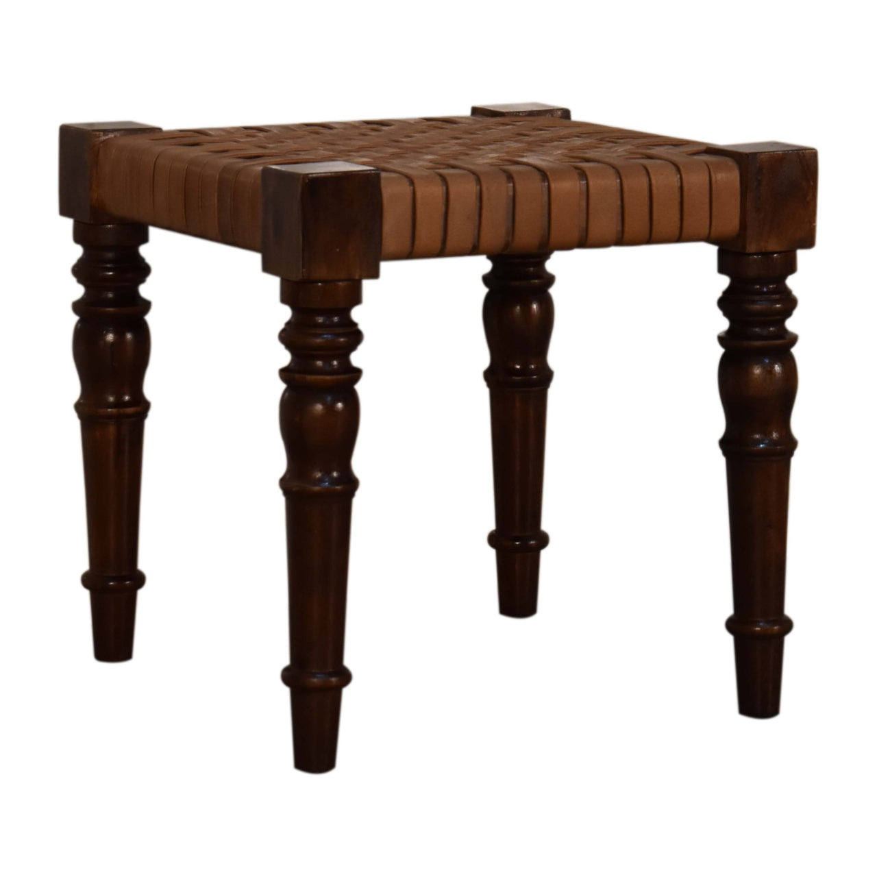 Brown leather wrapped woven leather footstool with tufted seat and turned legs in solid mango wood chestnut finish