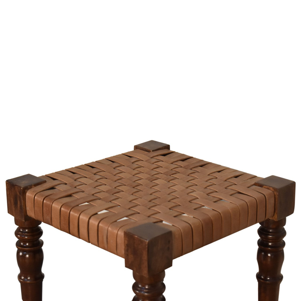 Brown leather wrapped woven footstool with dark wood legs made from solid mango wood chestnut finish