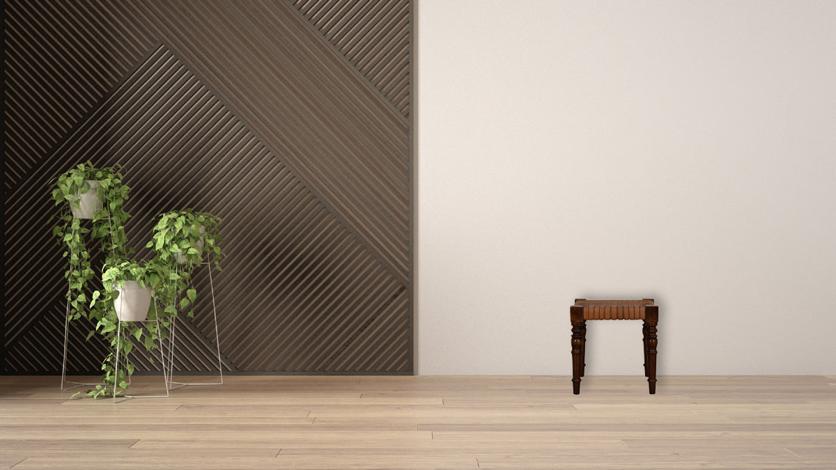 Dark wood woven leather footstool with carved legs in chestnut finish solid mango wood frame