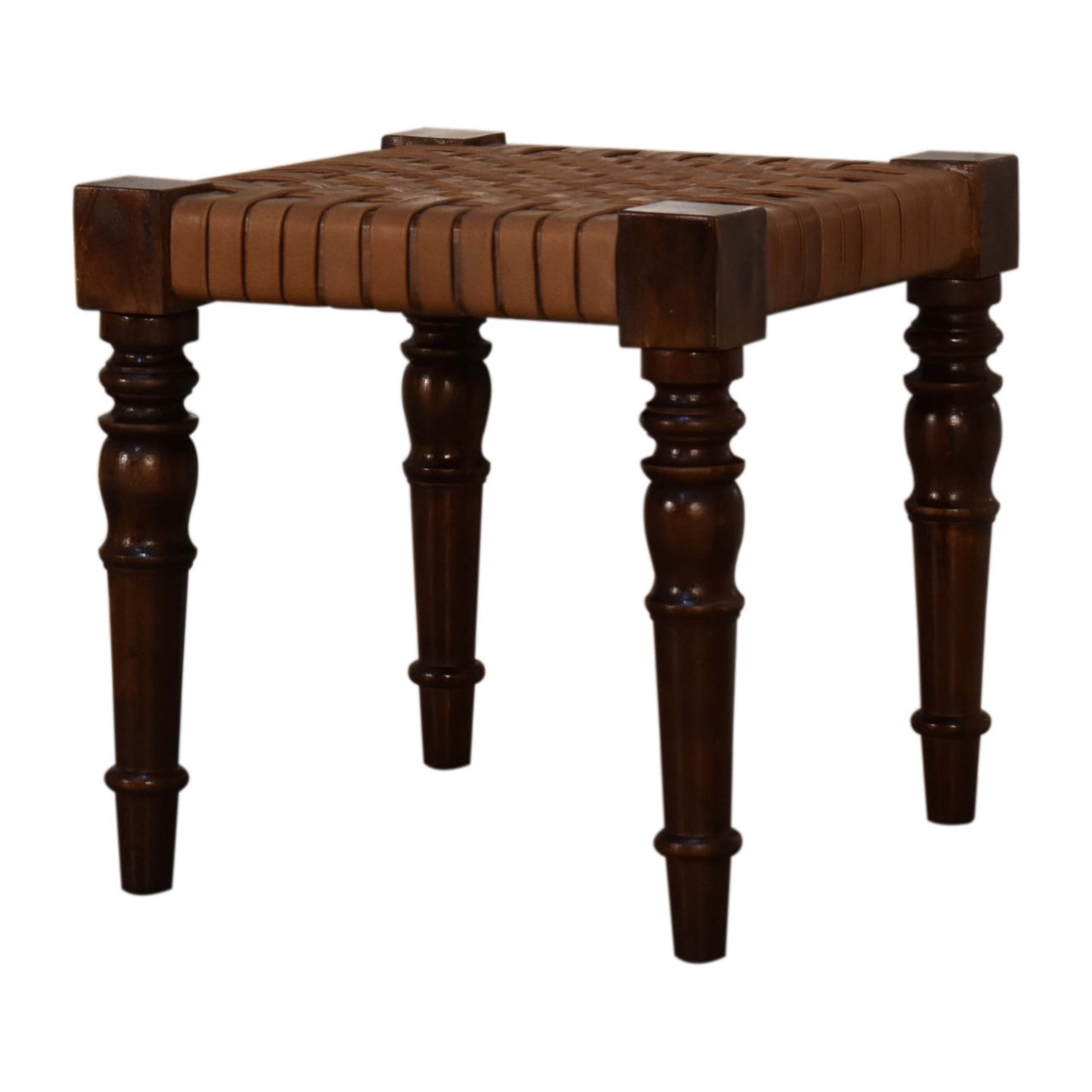 Dark brown woven leather footstool with chestnut finish made from solid mango wood for comfortable seating