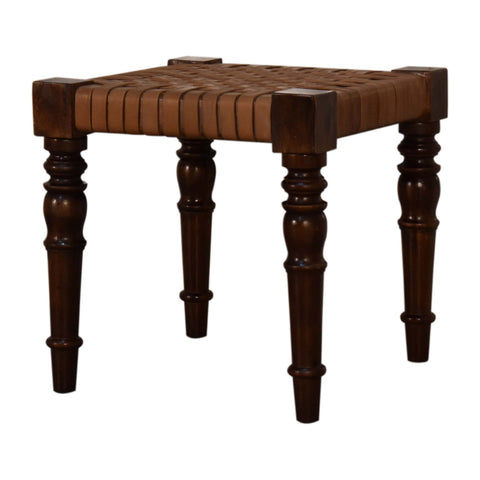 Dark brown woven leather footstool with chestnut finish made from solid mango wood for comfortable seating