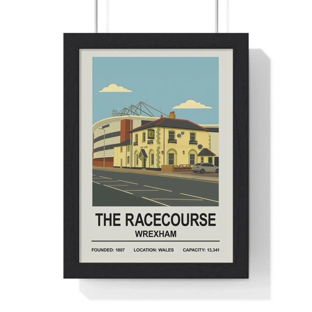 Black-framed poster featuring a stylized illustration of the racecourse ground in wrexham wales stadium print