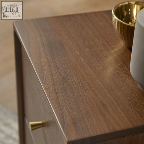 Dark brown wright narrow walnut bedside table with solid walnut wood drawer runners and brass drawer pull
