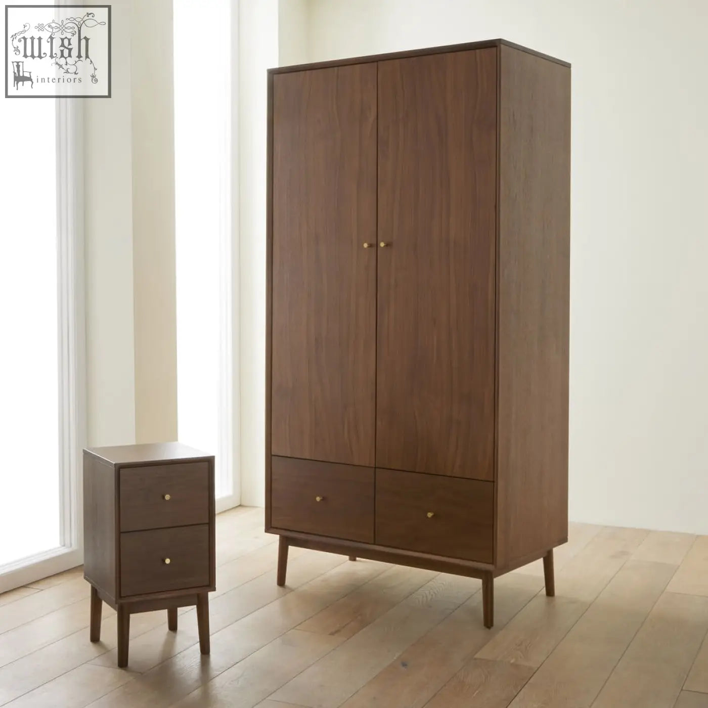 Dark brown solid walnut wardrobe with two doors two drawers wood drawer runners and gold toned knobs minimalist design