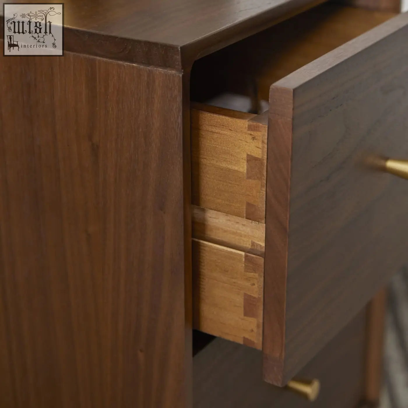 Dark walnut wright narrow bedside table with brass pulls solid walnut wood drawer runners and dovetail joinery