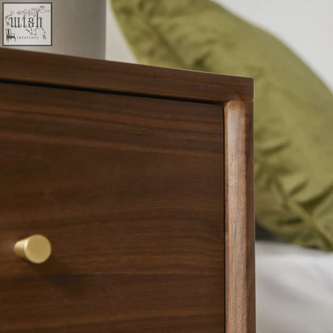 Dark wood wright narrow walnut bedside table with brass knob solid walnut and wood drawer runners minimalist design