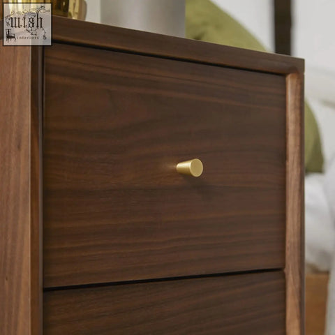 Dark wood wright narrow walnut bedside table with solid walnut wood drawer runners and sleek brass drawer pull