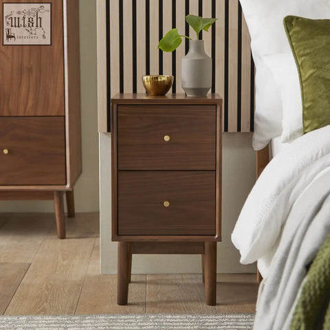 Dark wood wright narrow walnut bedside table with two drawers gold knobs and solid walnut wood drawer runners