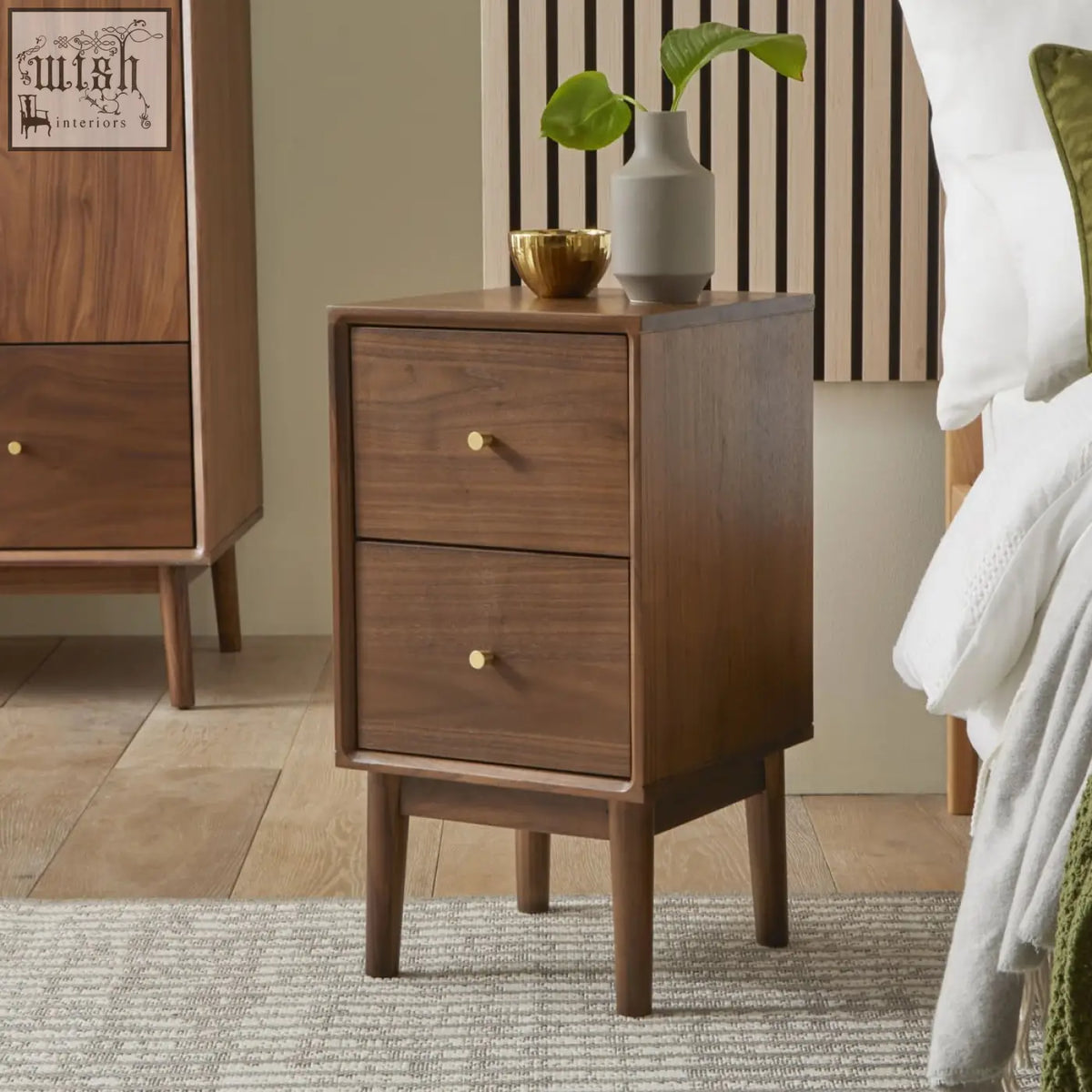 Wright narrow walnut bedside table with two drawers solid walnut wood drawer runners and gold-toned knobs