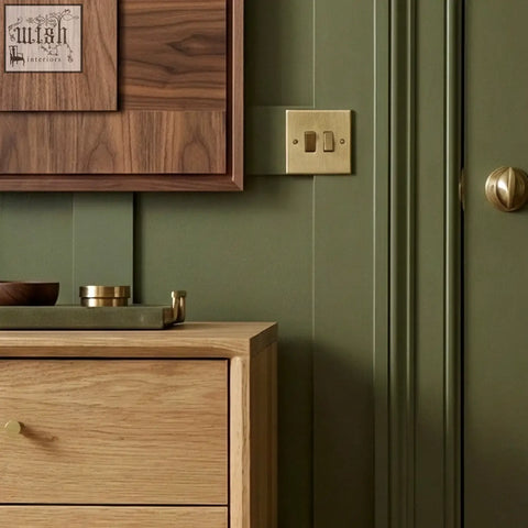 Gold-colored double light switch on olive green wall next to solid oak wright oak bedside table
