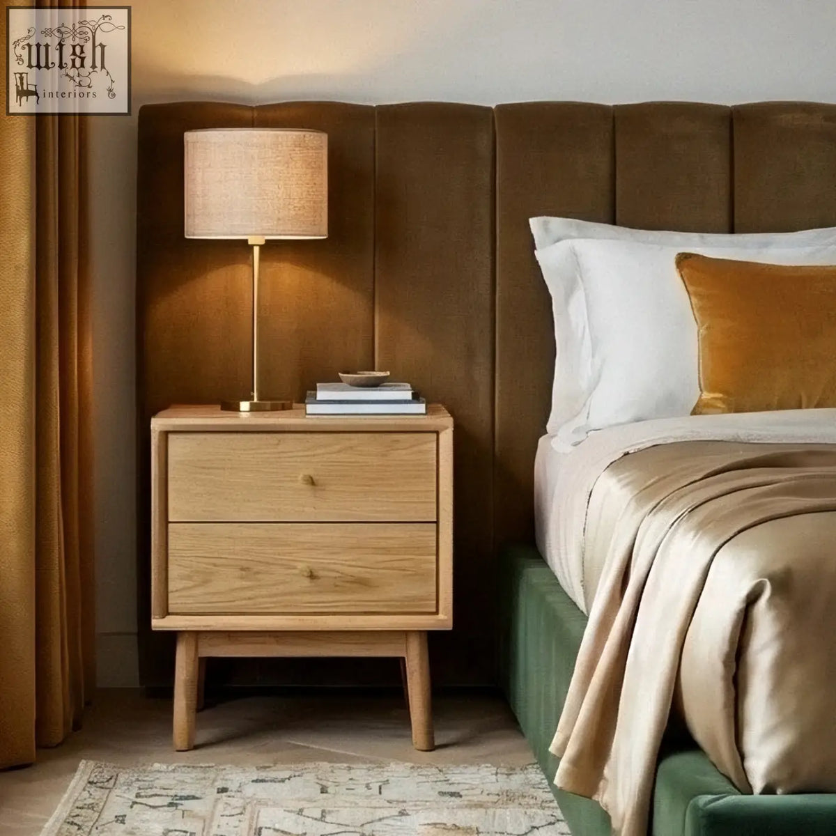 Light wood solid oak bedside table with two drawers tapered legs and round brass knobs perfect for bedrooms