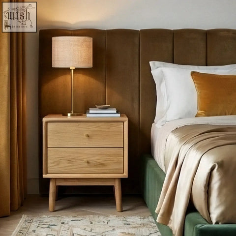 Light wood solid oak bedside table with two drawers tapered legs and round brass knobs perfect for bedrooms