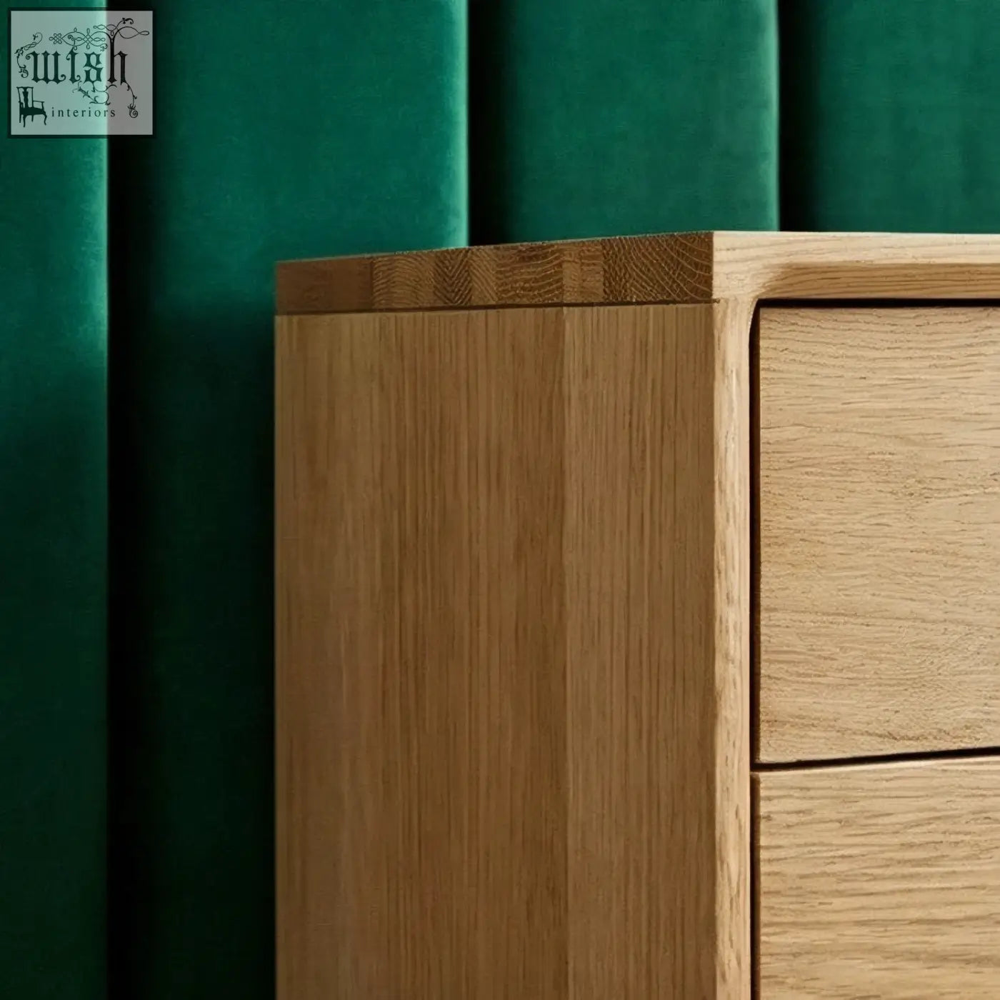 Light oak solid oak bedside table with clean modern lines and visible wood grain for stylish storage