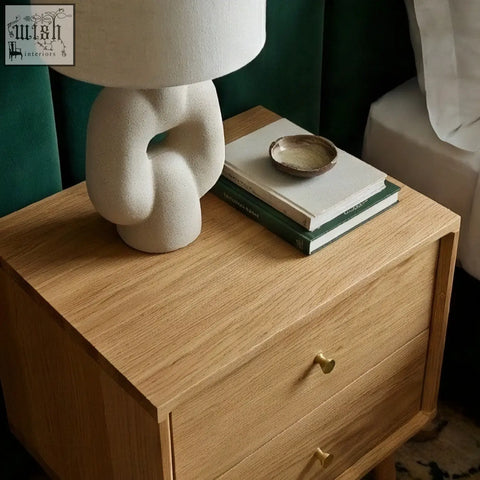 Light oak solid oak bedside table wright oak bedside with two drawers and gold heart-shaped handles