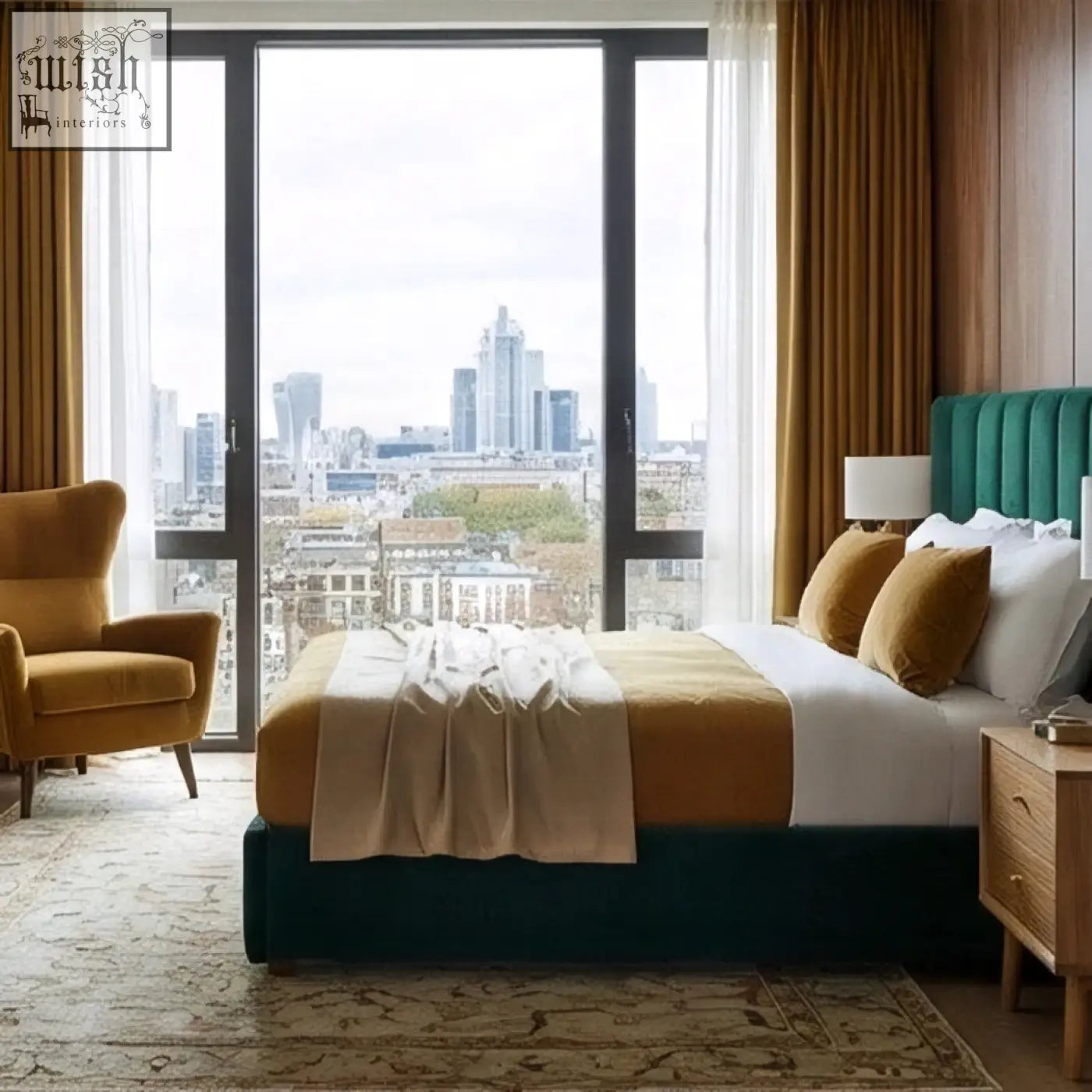 Teal velvet bed with tufted headboard and base next to solid oak bedside table with gold pillows and beige throw