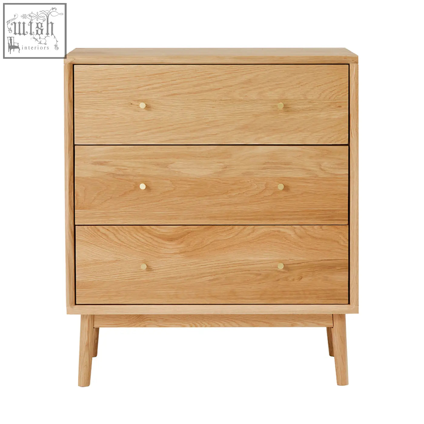 Light oak wright oak chest with three drawers and small round brass knobs perfect for bedroom storage