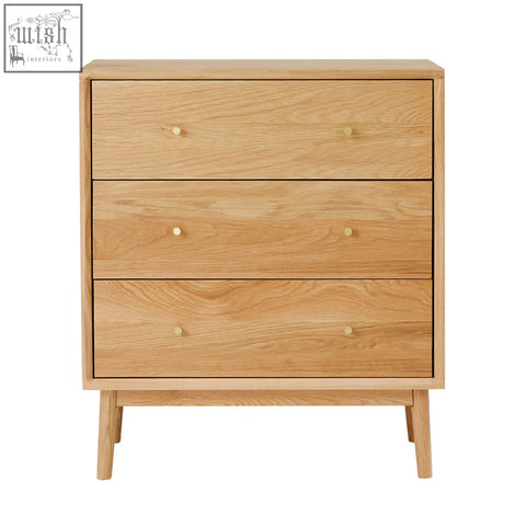 Light oak wright oak chest with three drawers and small round brass knobs perfect for bedroom storage