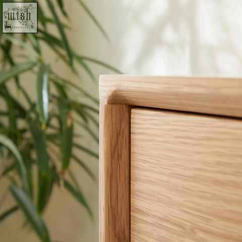 Light oak wood drawer front with smooth natural grain and clean minimalist edges on wright oak chest of 3 drawers