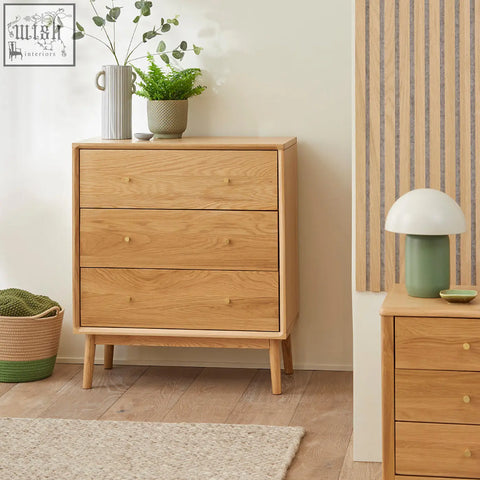 Light oak wright oak chest of 3 drawers with tapered legs and three spacious drawers for bedroom storage