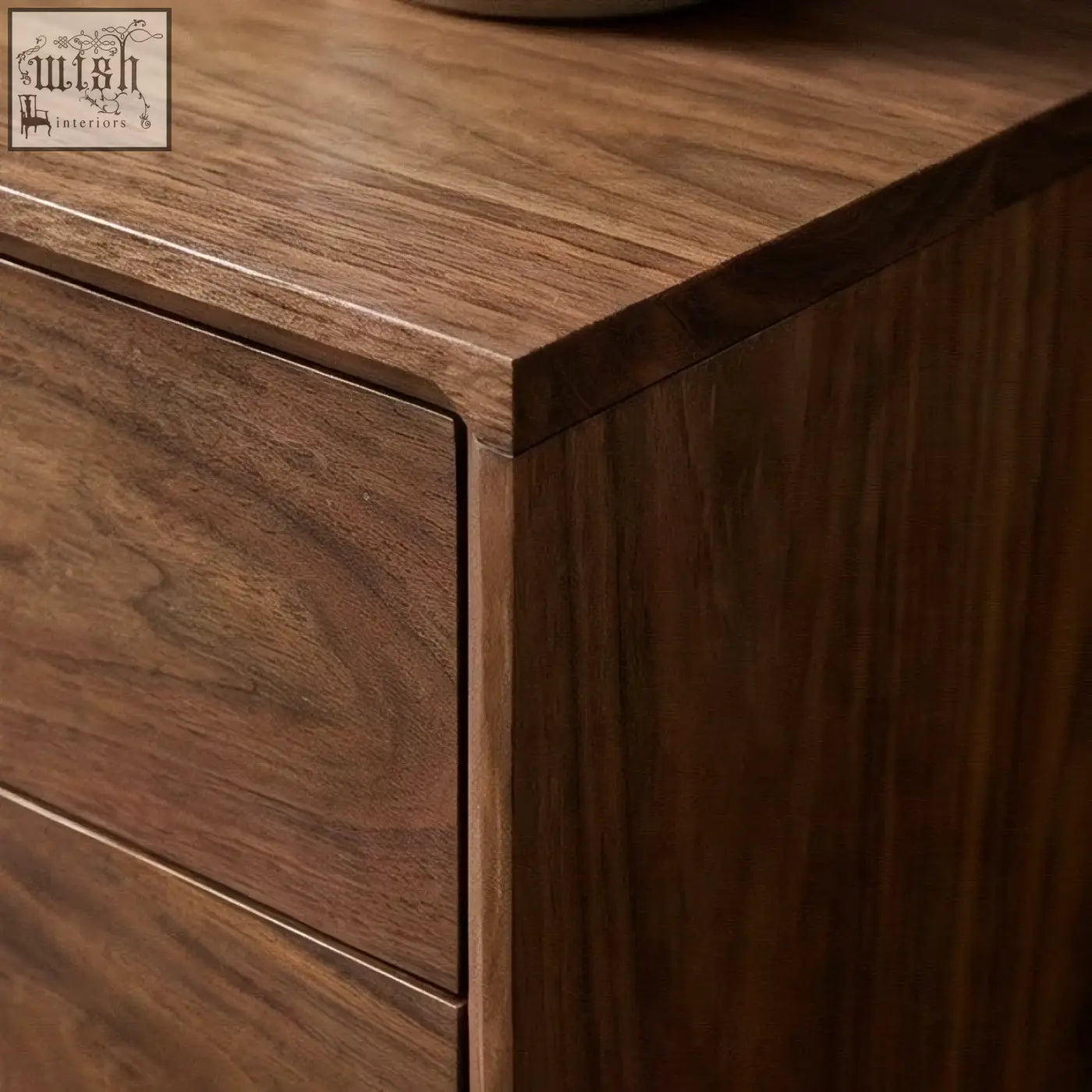 Dark brown solid walnut bedside table with smooth polished finish and visible grain patterns for bedroom use