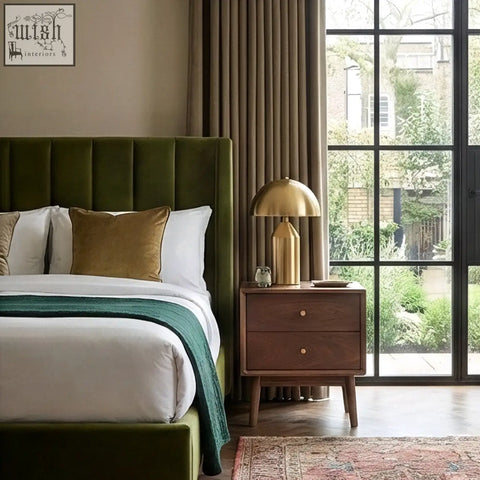 Gold-toned bell-shaped table lamp on solid walnut bedside table with two drawers in the wright walnut bedside setup