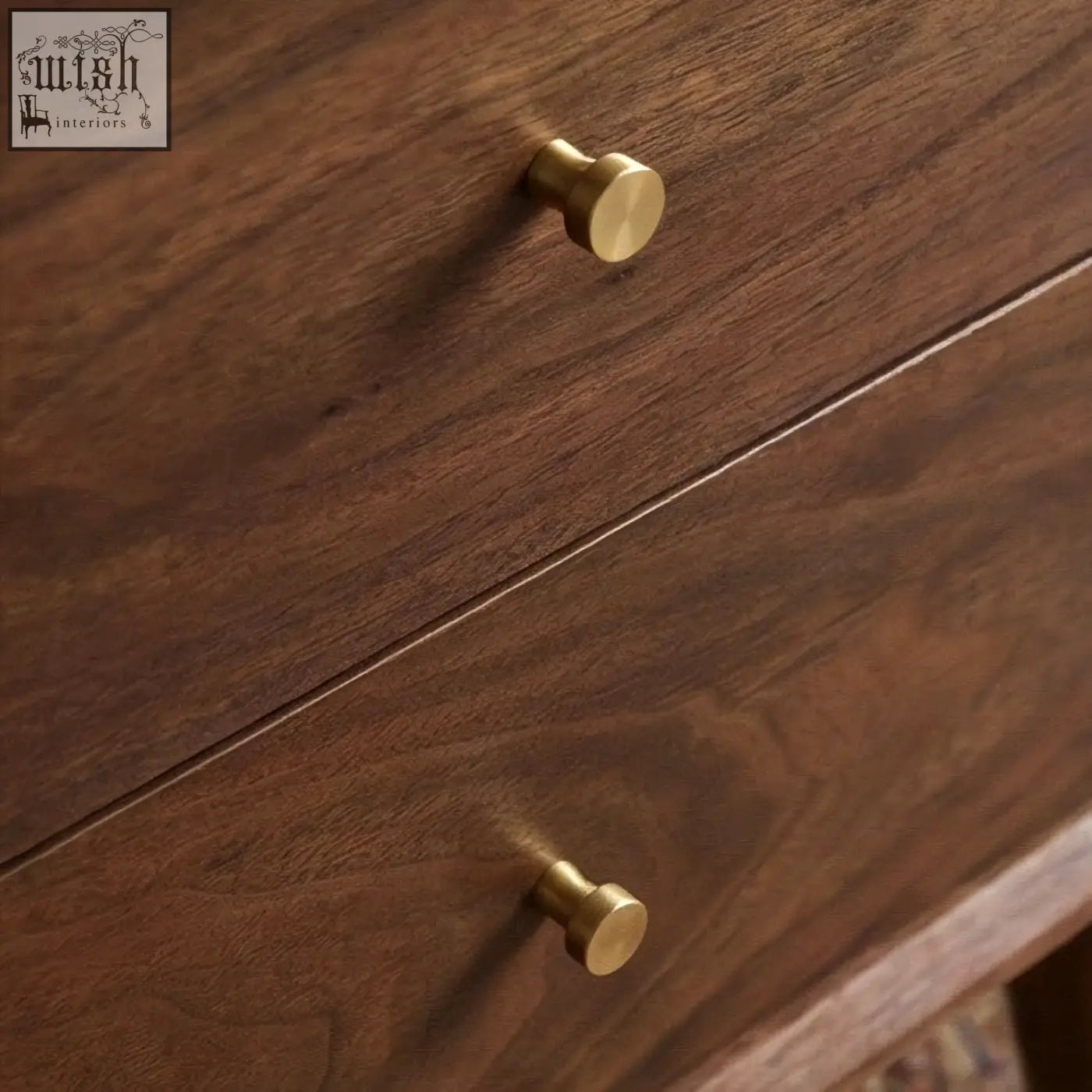 Gold-toned round drawer pulls on a dark solid walnut bedside table for stylish walnut bedside storage