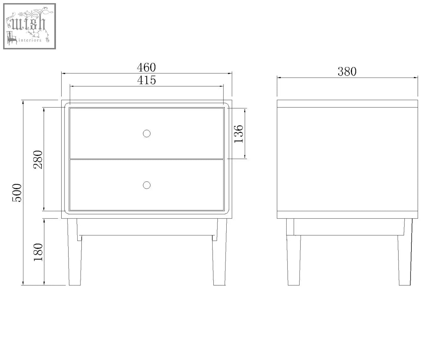 Minimalist two-drawer solid walnut bedside table with clean lines and slender legs shown in technical blueprint style